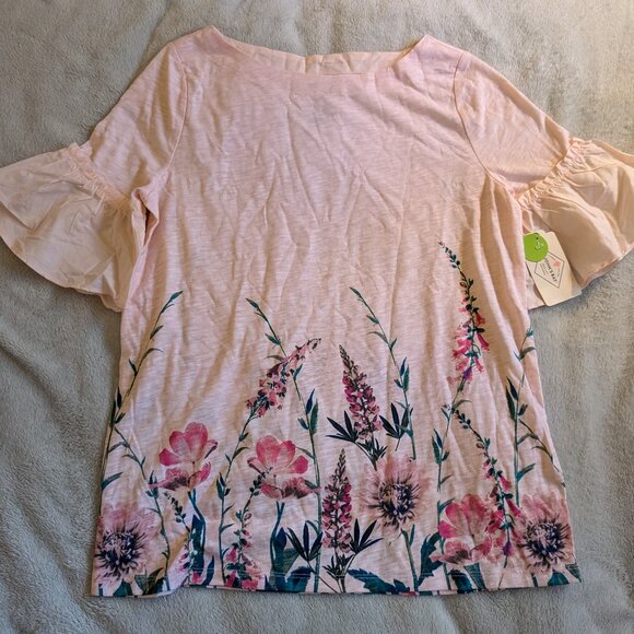 WOMEN'S NEW TOP St Johns Bay Shirt S Small T Tee Short Ruffle Peach Bud Floral - Picture 1 of 5